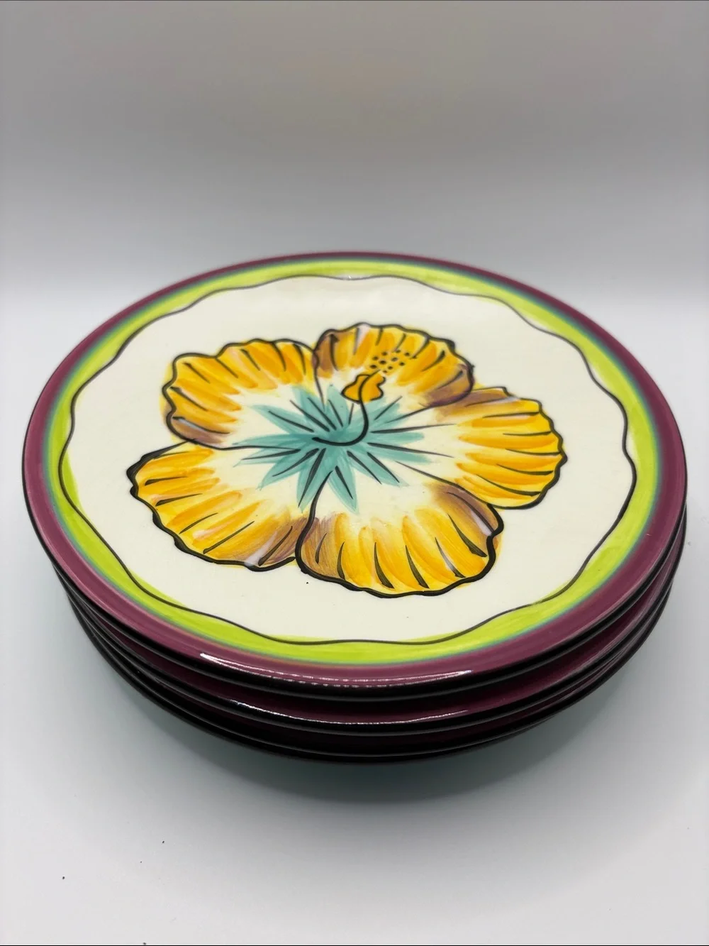 Bright Yellow Floral Ceramic Dinner Plates - Set of 4. Clay Art